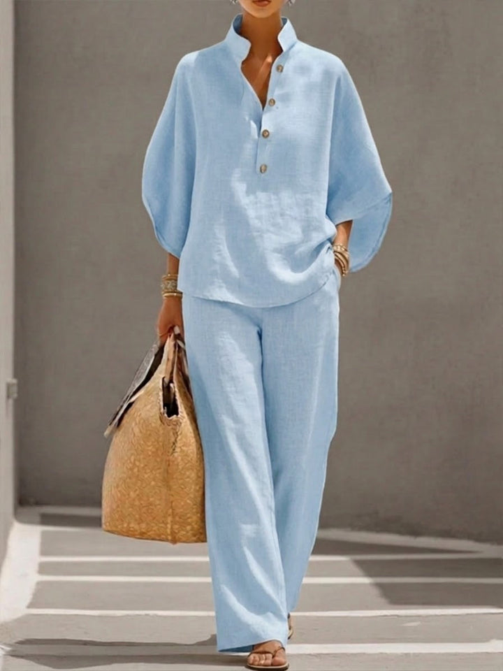 Women's Linen Two Piece Set Batwing Top Wide Leg Trousers
