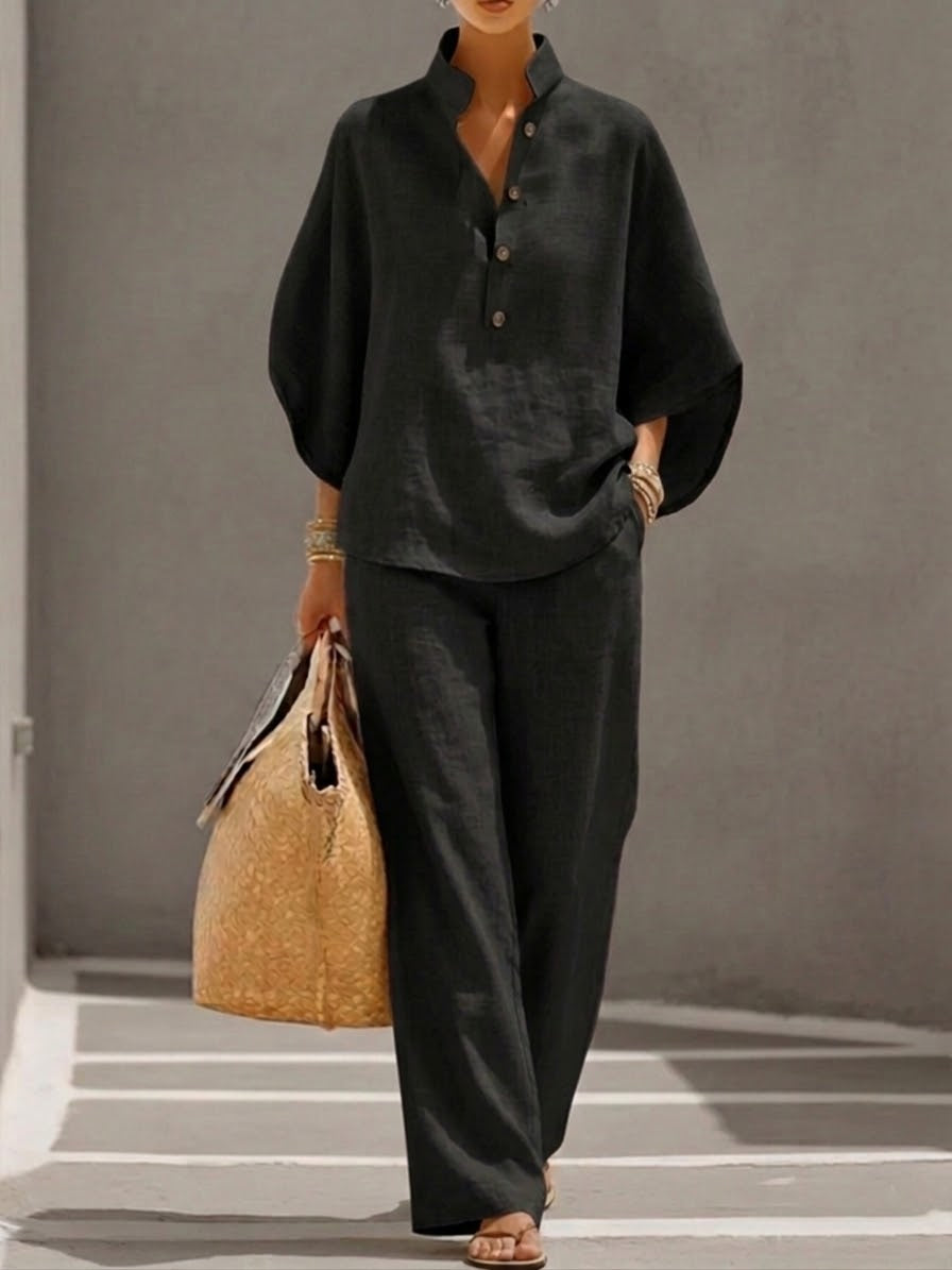 Women's Linen Two Piece Set Batwing Top Wide Leg Trousers