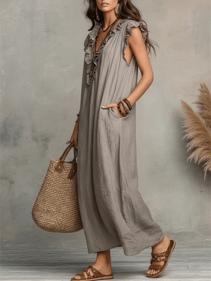 Women's Linen Ruffle Trim V-Neck Sleeveless Maxi Dress with Pockets