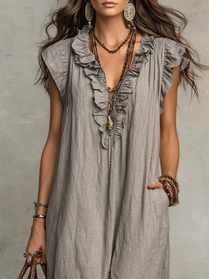 Women's Linen Ruffle Trim V-Neck Sleeveless Maxi Dress with Pockets