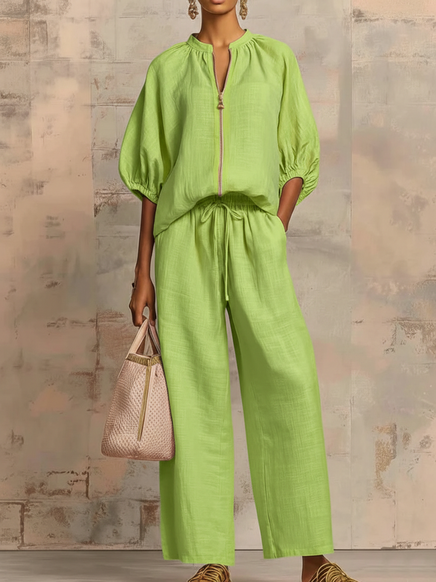 Women's Zip Front Wide-Leg Trousers Two-Piece Set