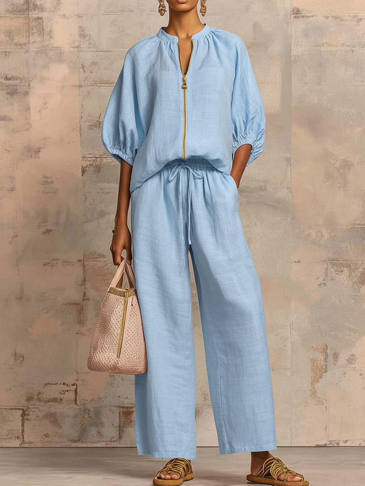 Women's Zip Front Wide-Leg Trousers Two-Piece Set