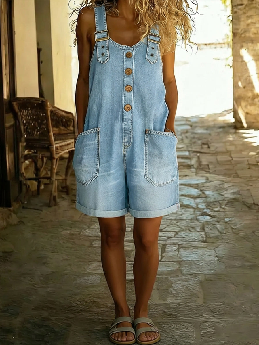 Women's Denim Short Jumpsuit Dungarees Button Front Straps
