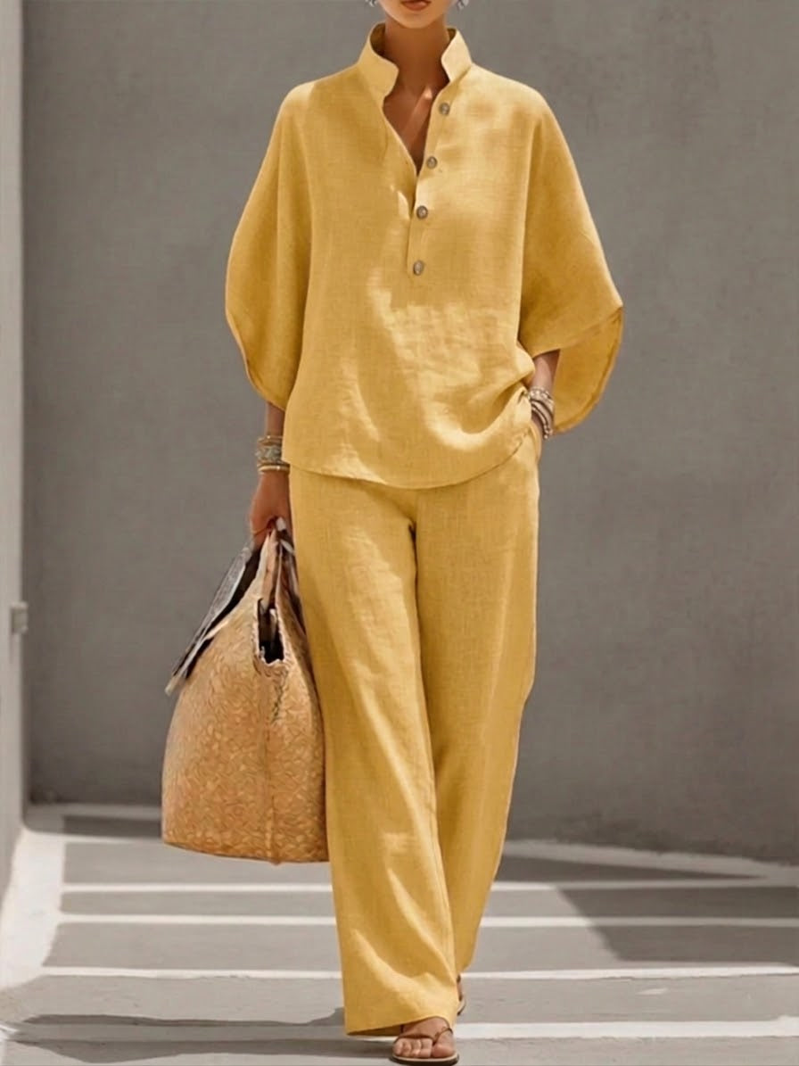 Women's Linen Two Piece Set Batwing Top Wide Leg Trousers