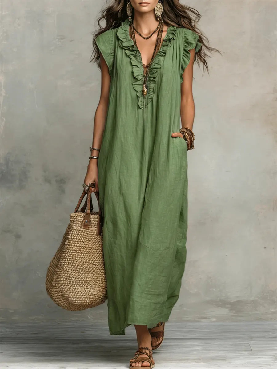 Women's Linen Ruffle Trim V-Neck Sleeveless Maxi Dress with Pockets