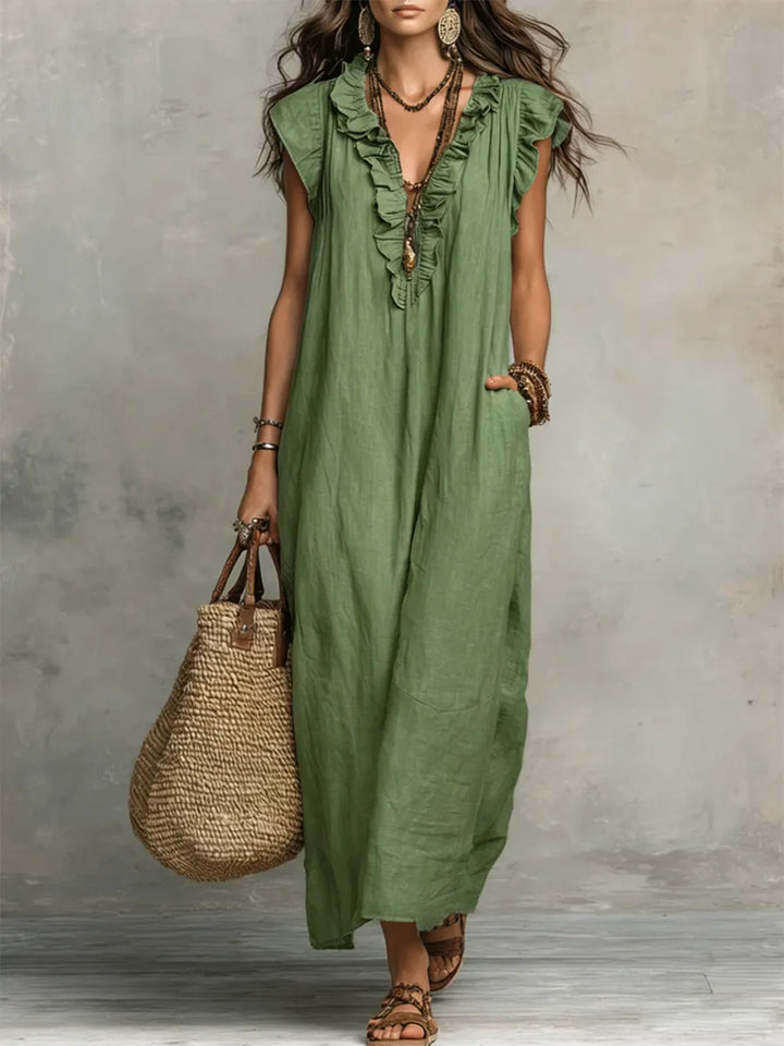 Women's Linen Ruffle Trim V-Neck Sleeveless Maxi Dress with Pockets