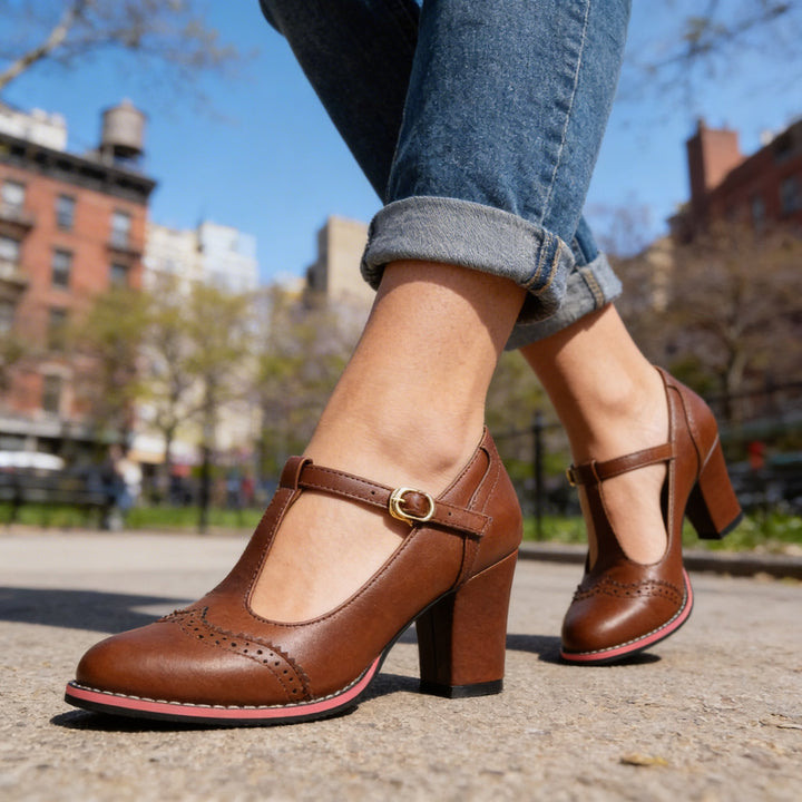Women's Brogue Mary Jane Block Heel Pumps Buckle Strap