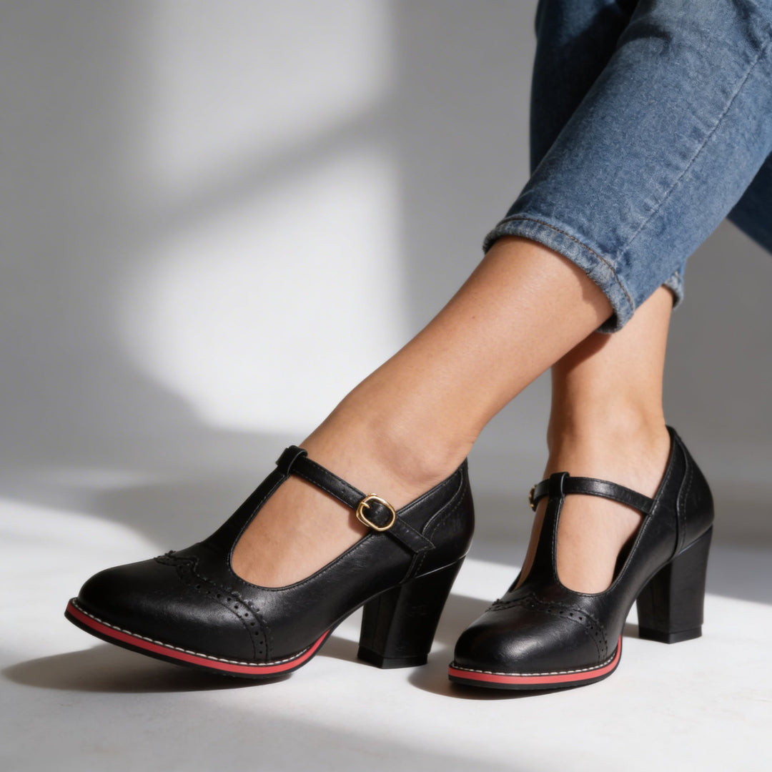 Women's Brogue Mary Jane Block Heel Pumps Buckle Strap