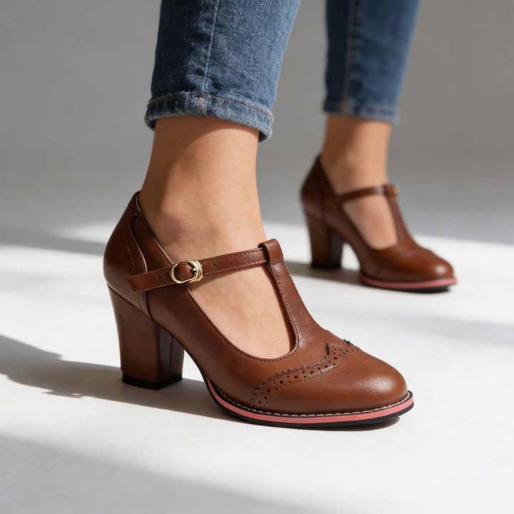 Women's Brogue Mary Jane Block Heel Pumps Buckle Strap