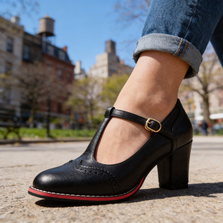 Women's Brogue Mary Jane Block Heel Pumps Buckle Strap