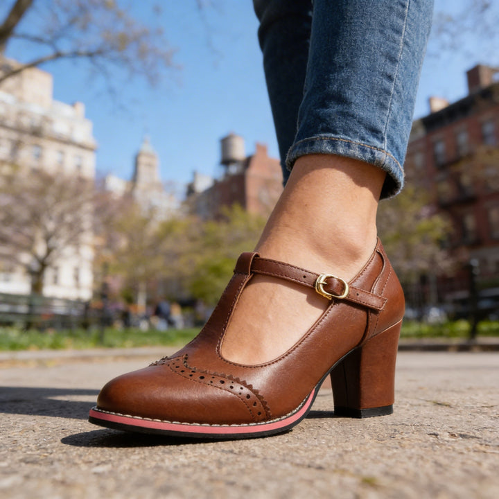 Women's Brogue Mary Jane Block Heel Pumps Buckle Strap