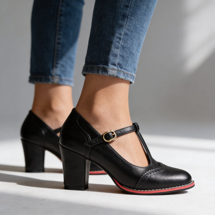 Women's Brogue Mary Jane Block Heel Pumps Buckle Strap