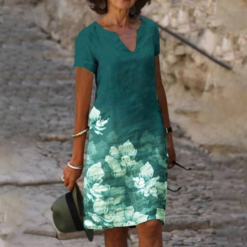 Women's Floral Border Print V-Neck Short Sleeve Midi Dress