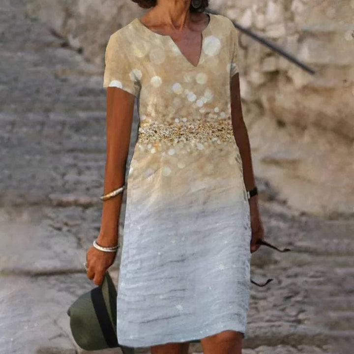 Women's Floral Border Print V-Neck Short Sleeve Midi Dress