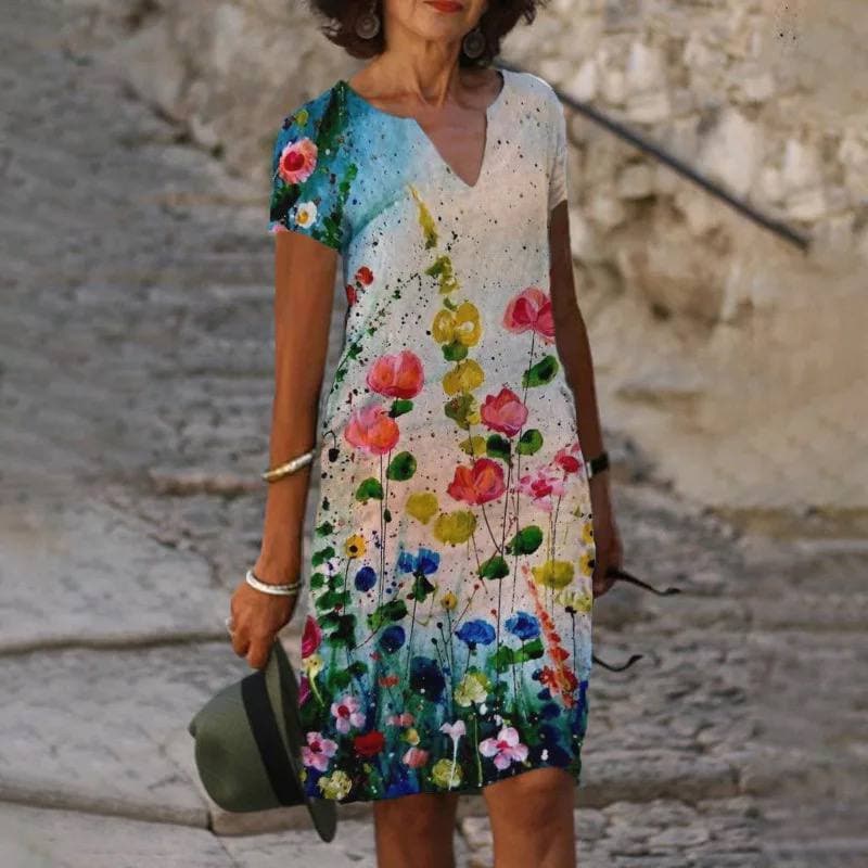 Women's Floral Border Print V-Neck Short Sleeve Midi Dress