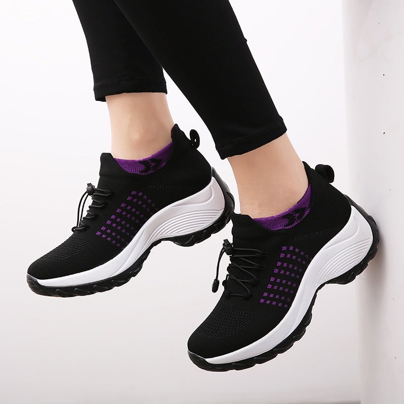 Women's Orthopedic Knit Trainers Platform Lace Up Wide Fit