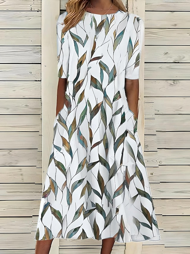Leaf Print Midi Dress Round Neck Short Sleeve A-Line
