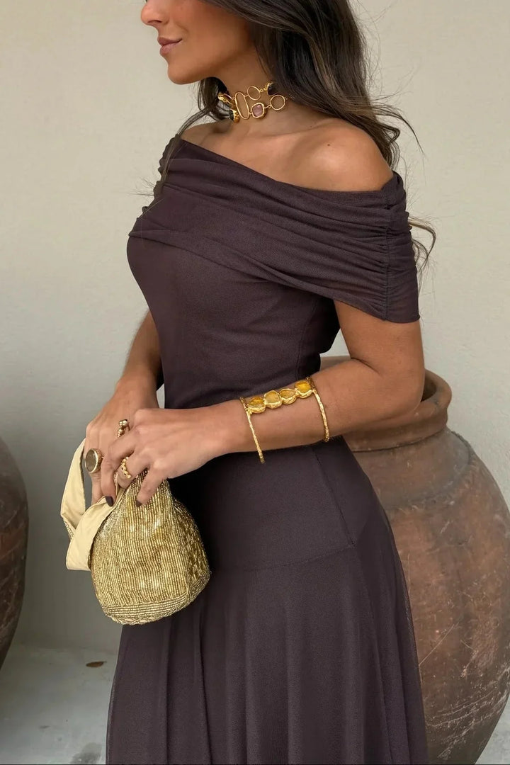 Women's One Shoulder Ruched Draped Flowing Maxi Dress