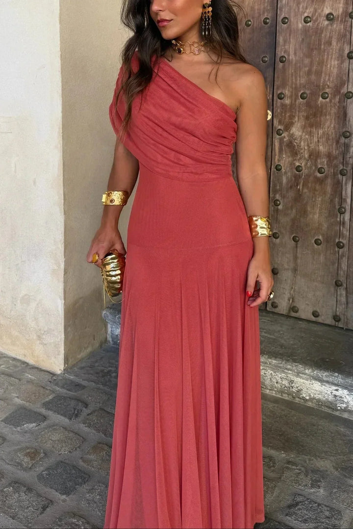 Women's One Shoulder Ruched Draped Flowing Maxi Dress