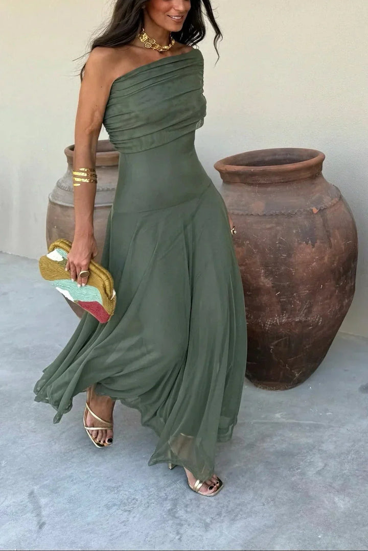 Women's One Shoulder Ruched Draped Flowing Maxi Dress