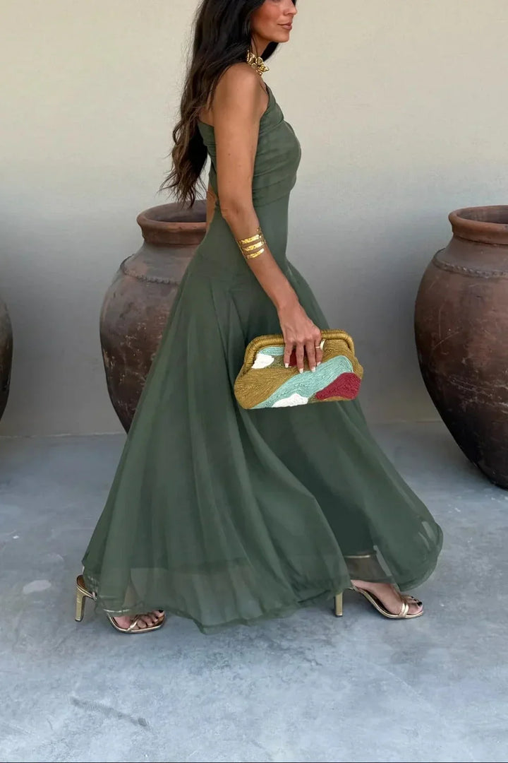 Women's One Shoulder Ruched Draped Flowing Maxi Dress