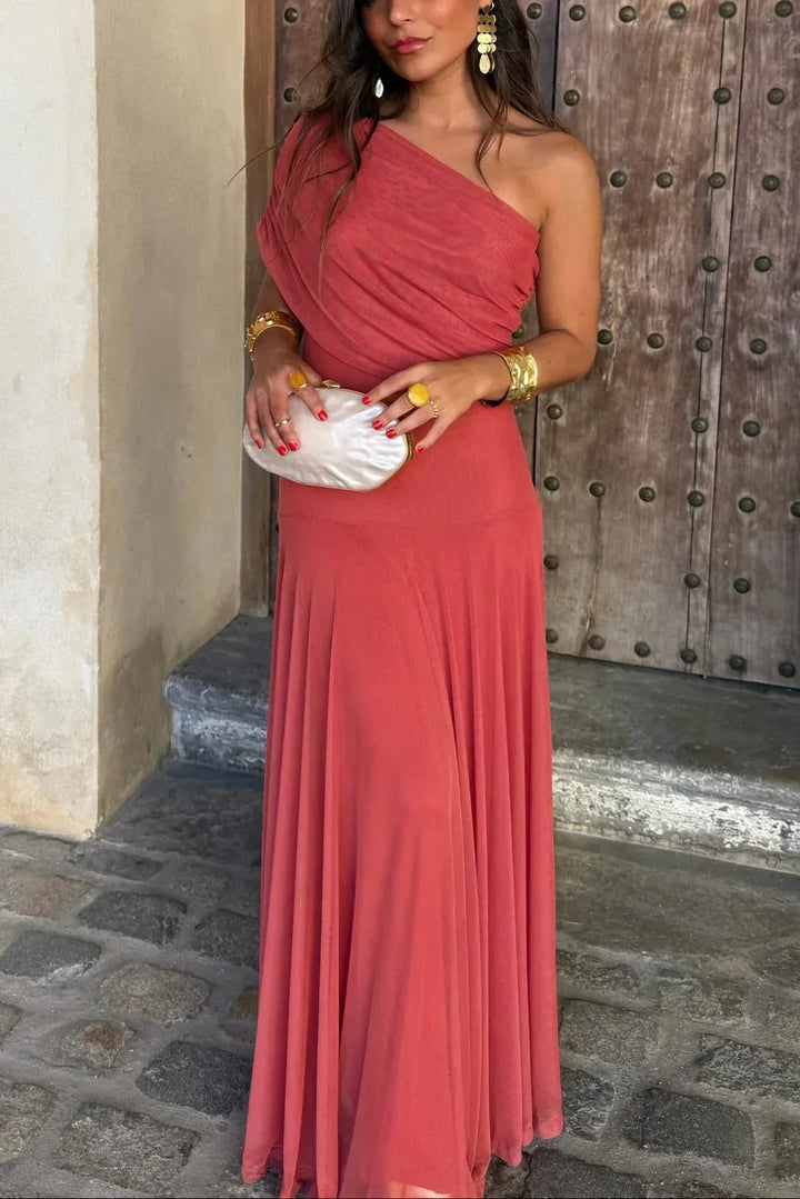 Women's One Shoulder Ruched Draped Flowing Maxi Dress