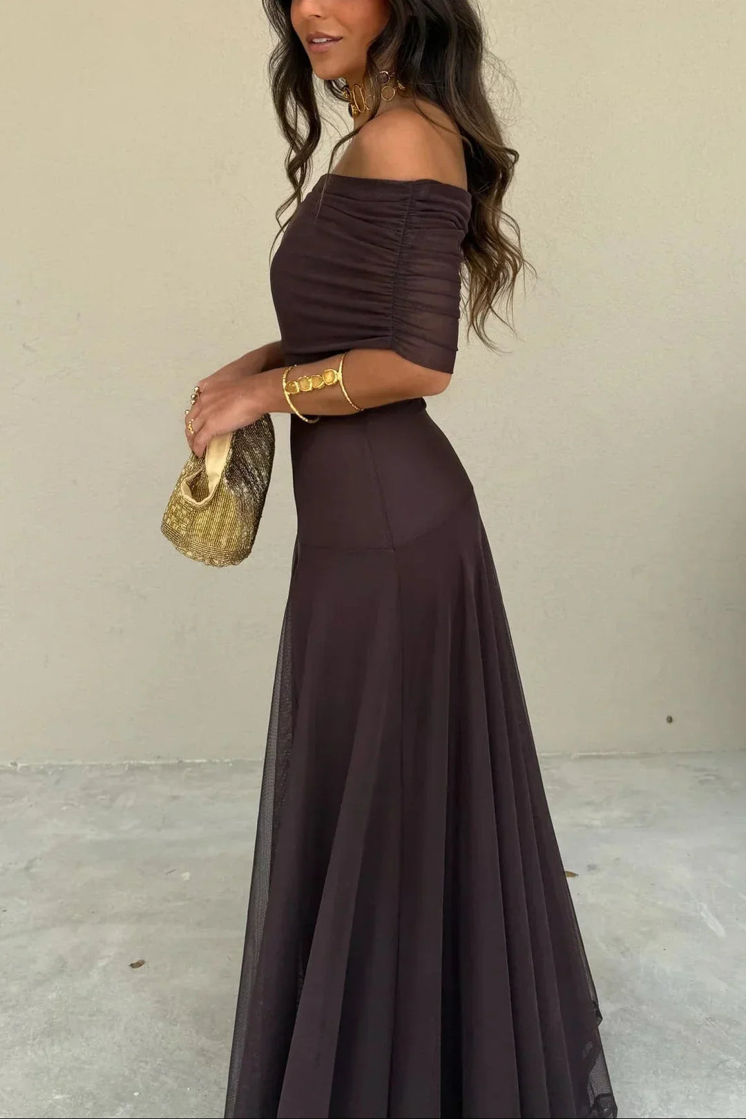 Women's One Shoulder Ruched Draped Flowing Maxi Dress