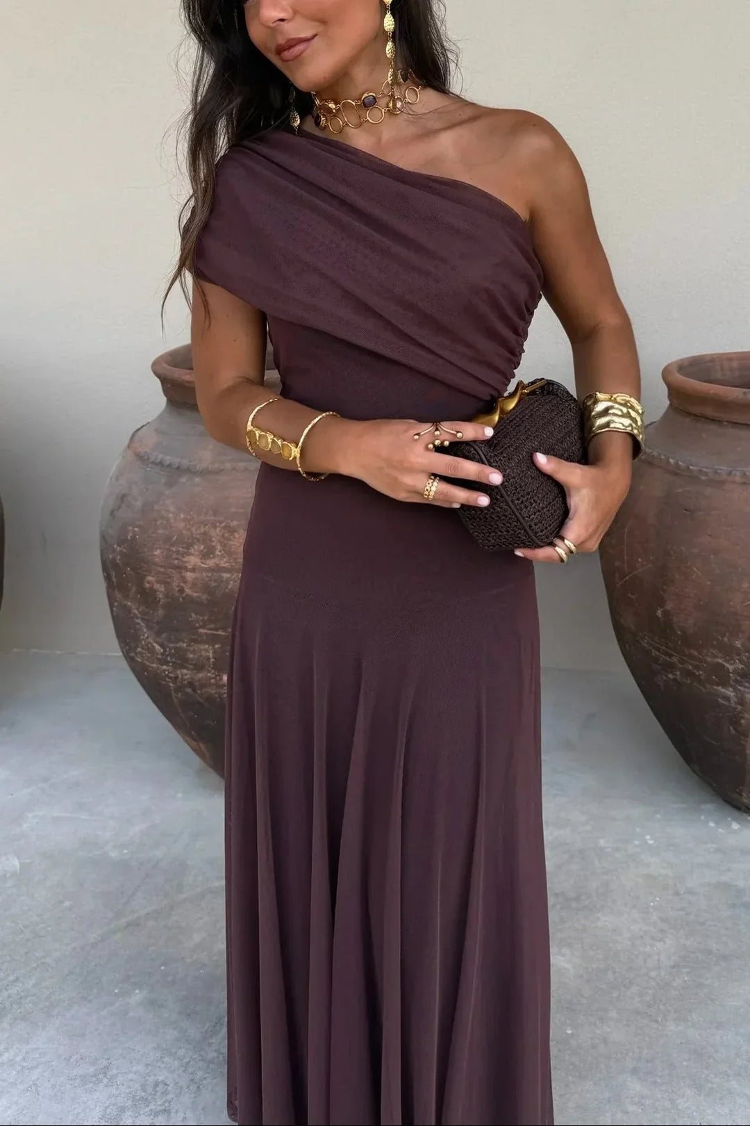 Women's One Shoulder Ruched Draped Flowing Maxi Dress
