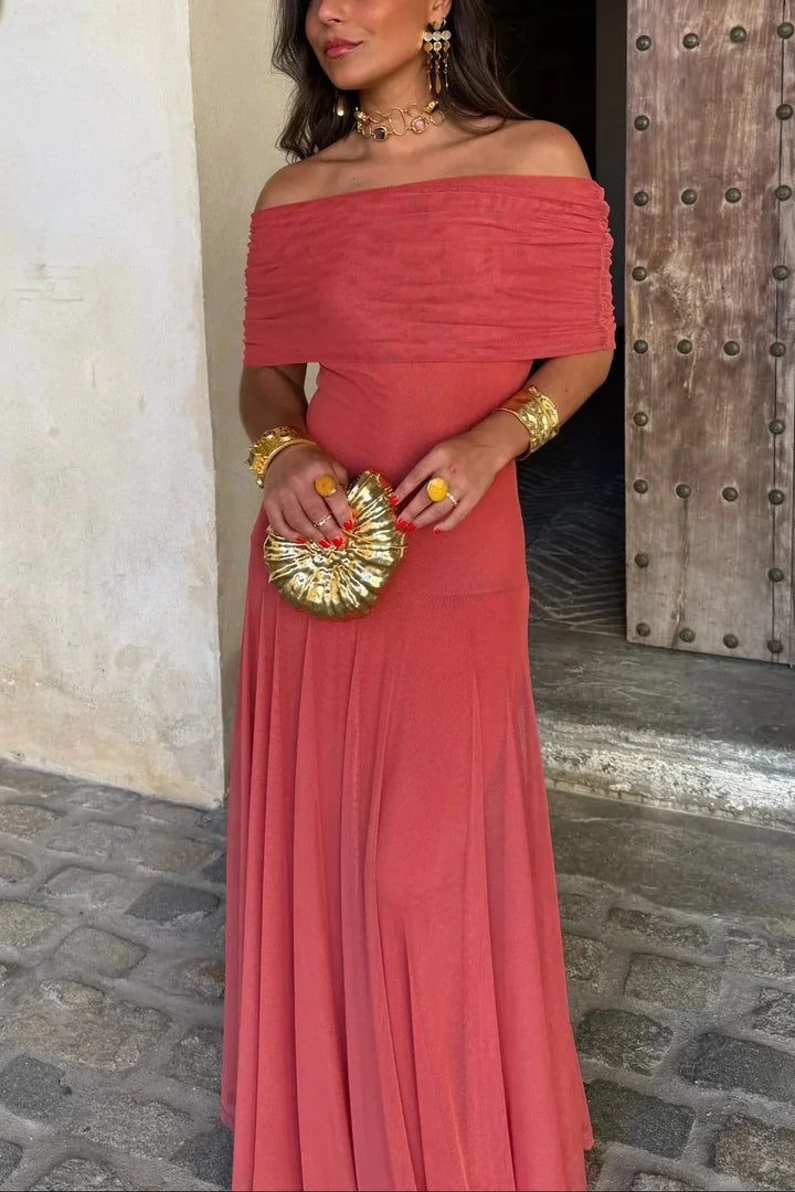 Women's One Shoulder Ruched Draped Flowing Maxi Dress