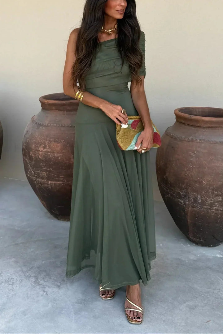 Women's One Shoulder Ruched Draped Flowing Maxi Dress