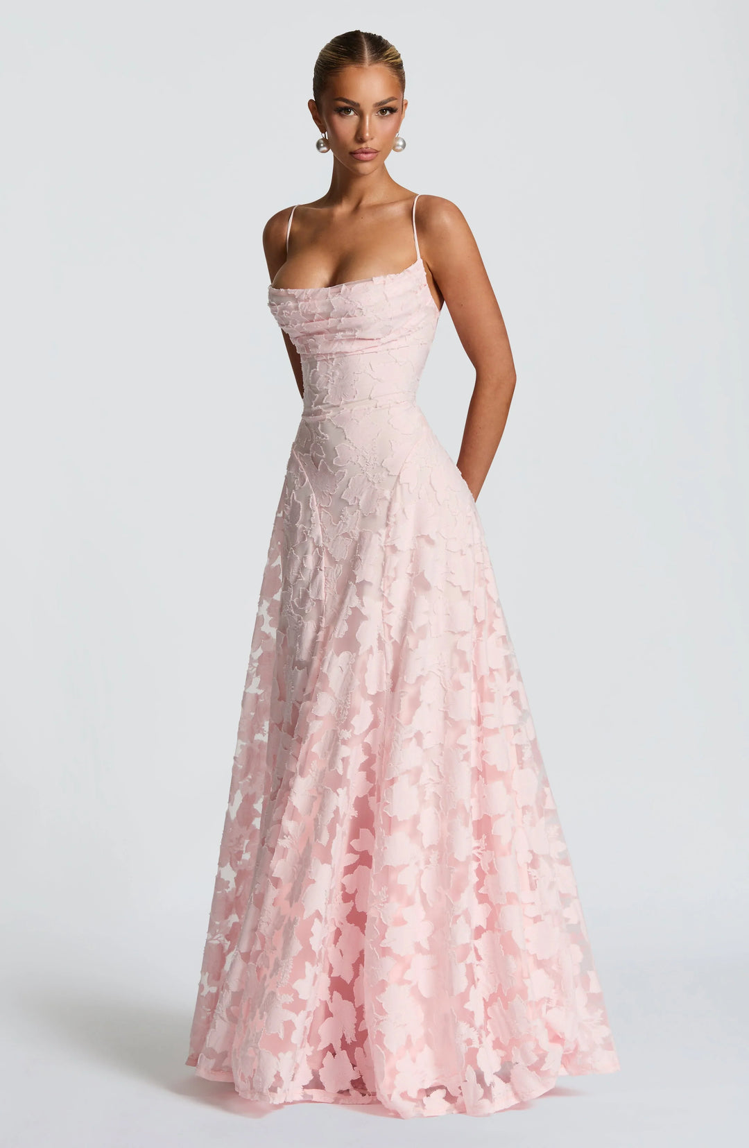 Women's Floral Applique Spaghetti Strap A-Line Maxi Gown