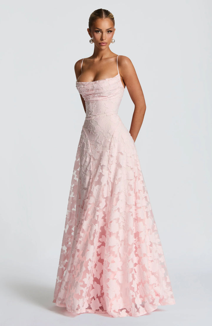 Women's Floral Applique Spaghetti Strap A-Line Maxi Gown