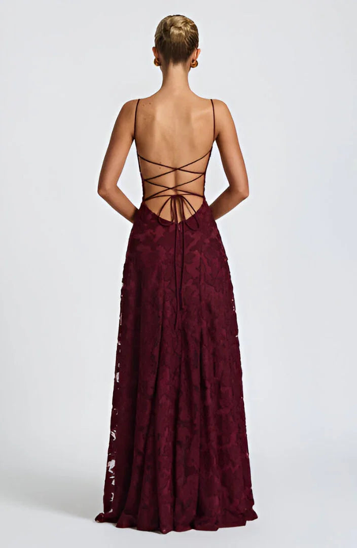 Women's Floral Applique Spaghetti Strap A-Line Maxi Gown