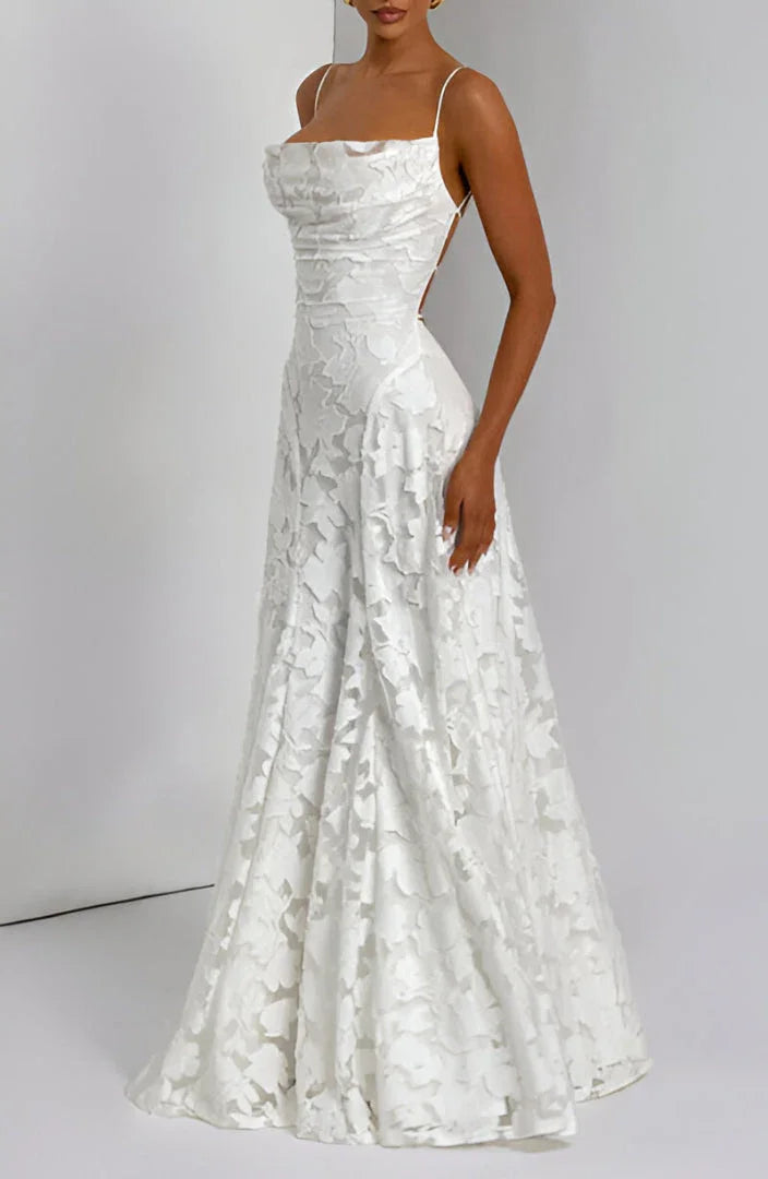 Women's Floral Applique Spaghetti Strap A-Line Maxi Gown