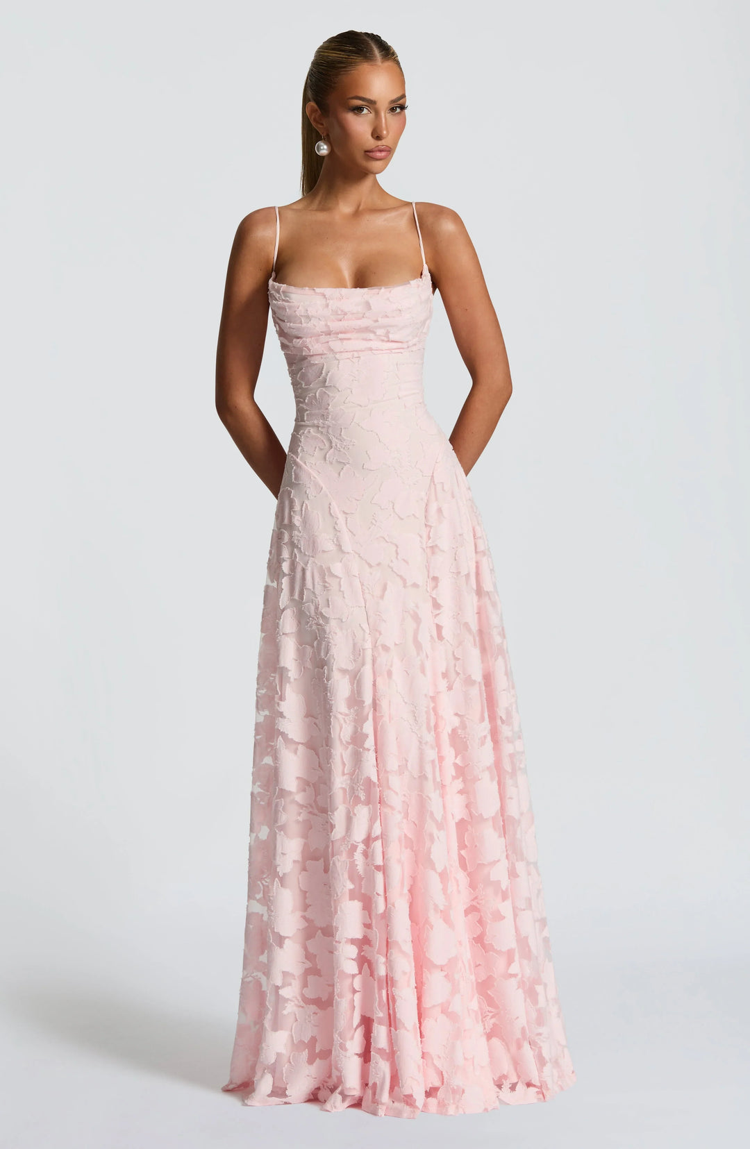 Women's Floral Applique Spaghetti Strap A-Line Maxi Gown