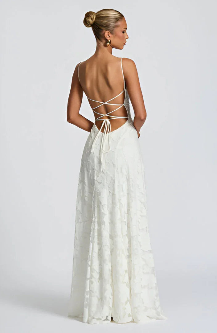 Women's Floral Applique Spaghetti Strap A-Line Maxi Gown