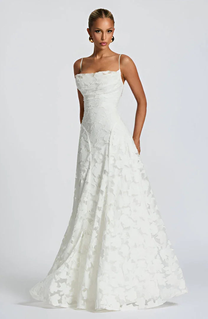 Women's Floral Applique Spaghetti Strap A-Line Maxi Gown