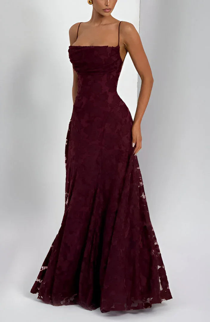 Women's Floral Applique Spaghetti Strap A-Line Maxi Gown
