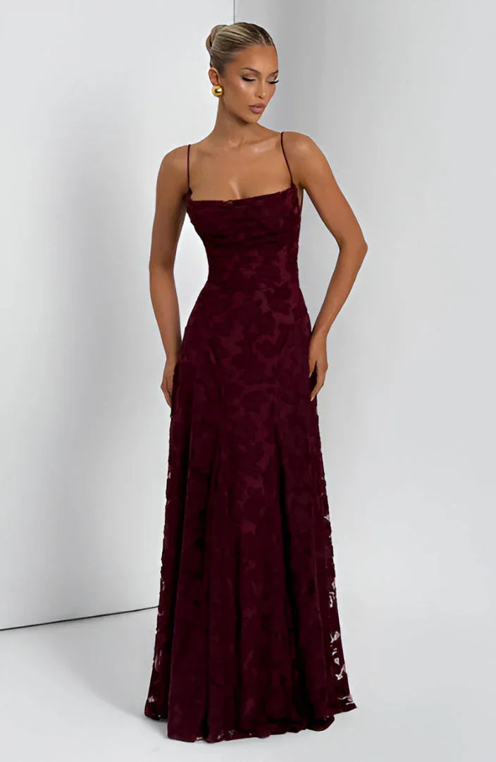 Women's Floral Applique Spaghetti Strap A-Line Maxi Gown