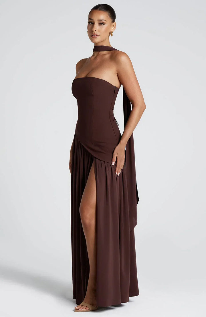 Women's Strapless Corset Bodice Scarf Neck High Slit Maxi Gown