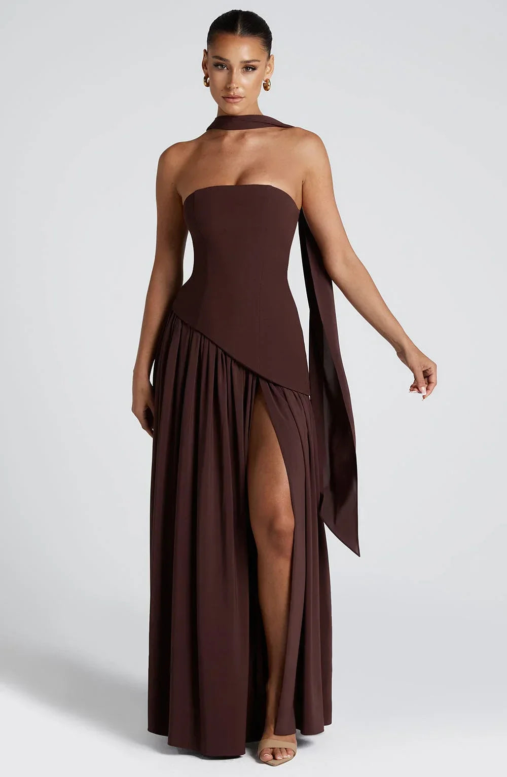 Women's Strapless Corset Bodice Scarf Neck High Slit Maxi Gown