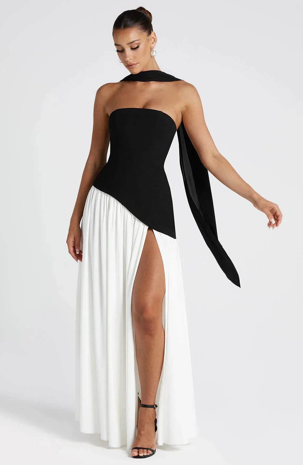 Women's Strapless Corset Bodice Scarf Neck High Slit Maxi Gown