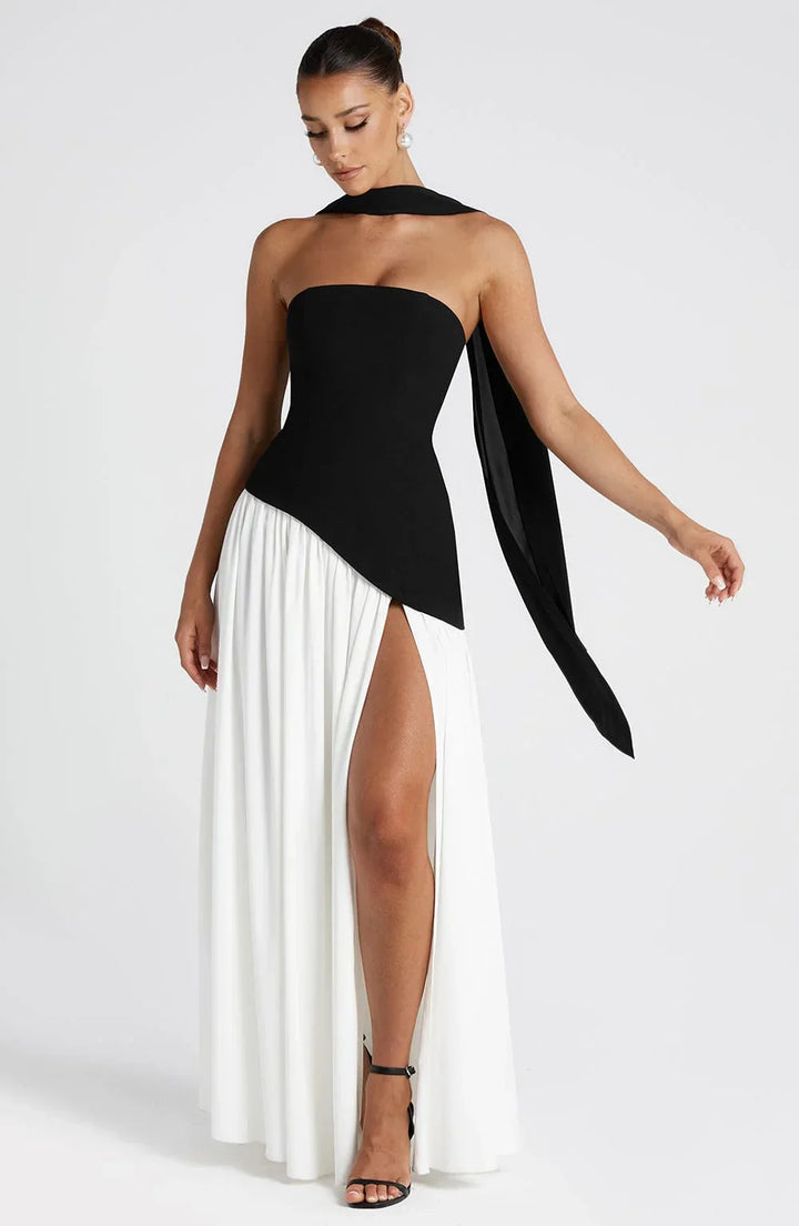 Women's Strapless Corset Bodice Scarf Neck High Slit Maxi Gown
