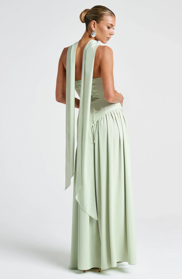 Women's Strapless Corset Bodice Scarf Neck High Slit Maxi Gown