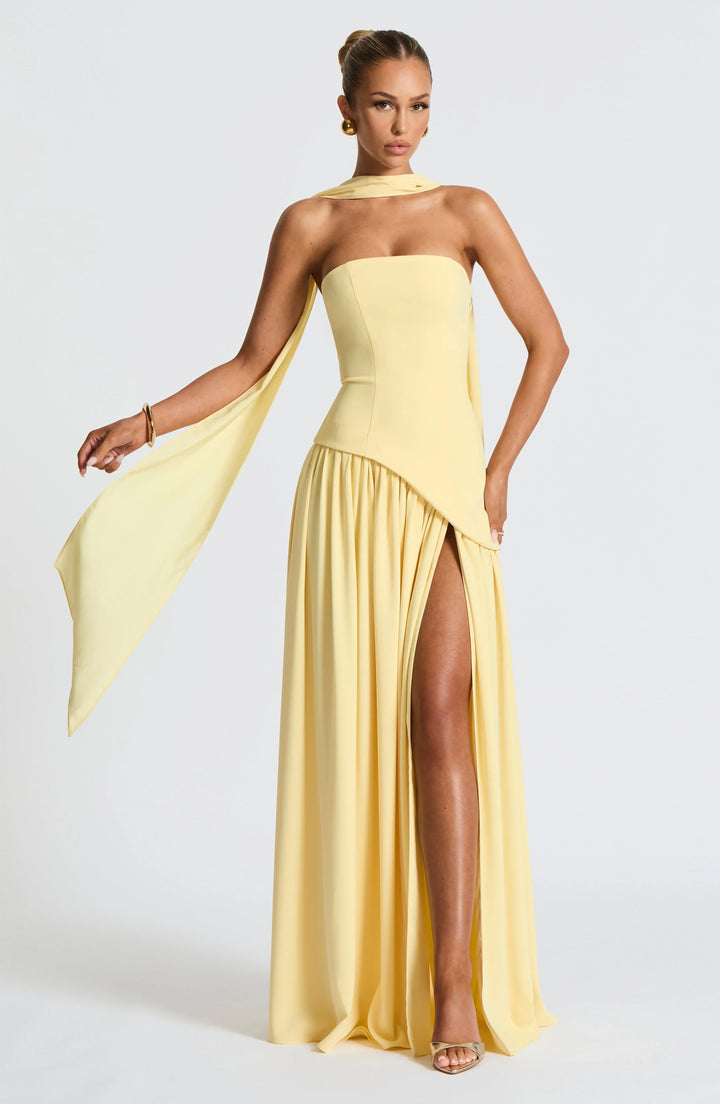 Women's Strapless Corset Bodice Scarf Neck High Slit Maxi Gown