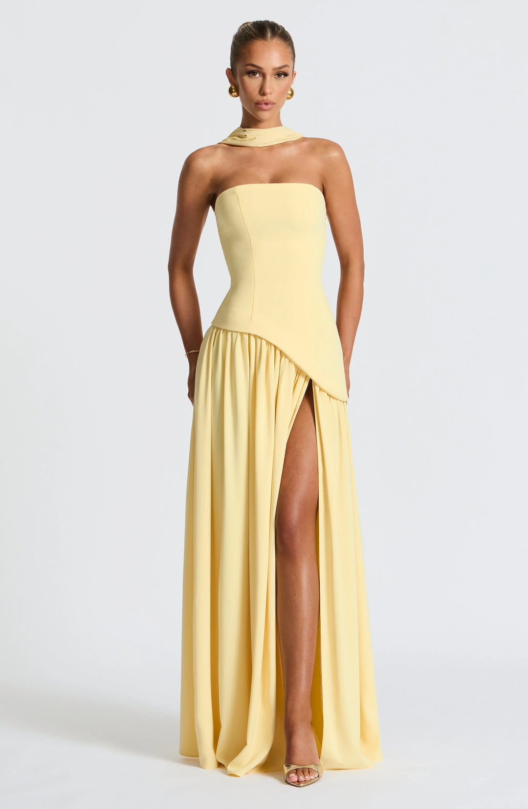 Women's Strapless Corset Bodice Scarf Neck High Slit Maxi Gown