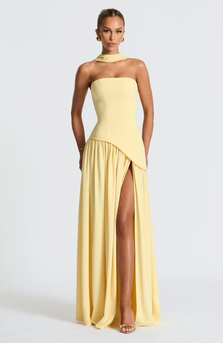 Women's Strapless Corset Bodice Scarf Neck High Slit Maxi Gown