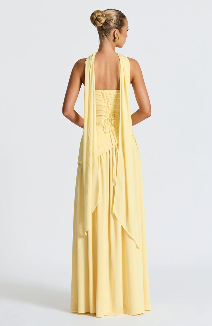 Women's Strapless Corset Bodice Scarf Neck High Slit Maxi Gown