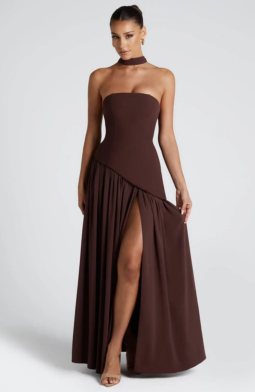 Women's Strapless Corset Bodice Scarf Neck High Slit Maxi Gown