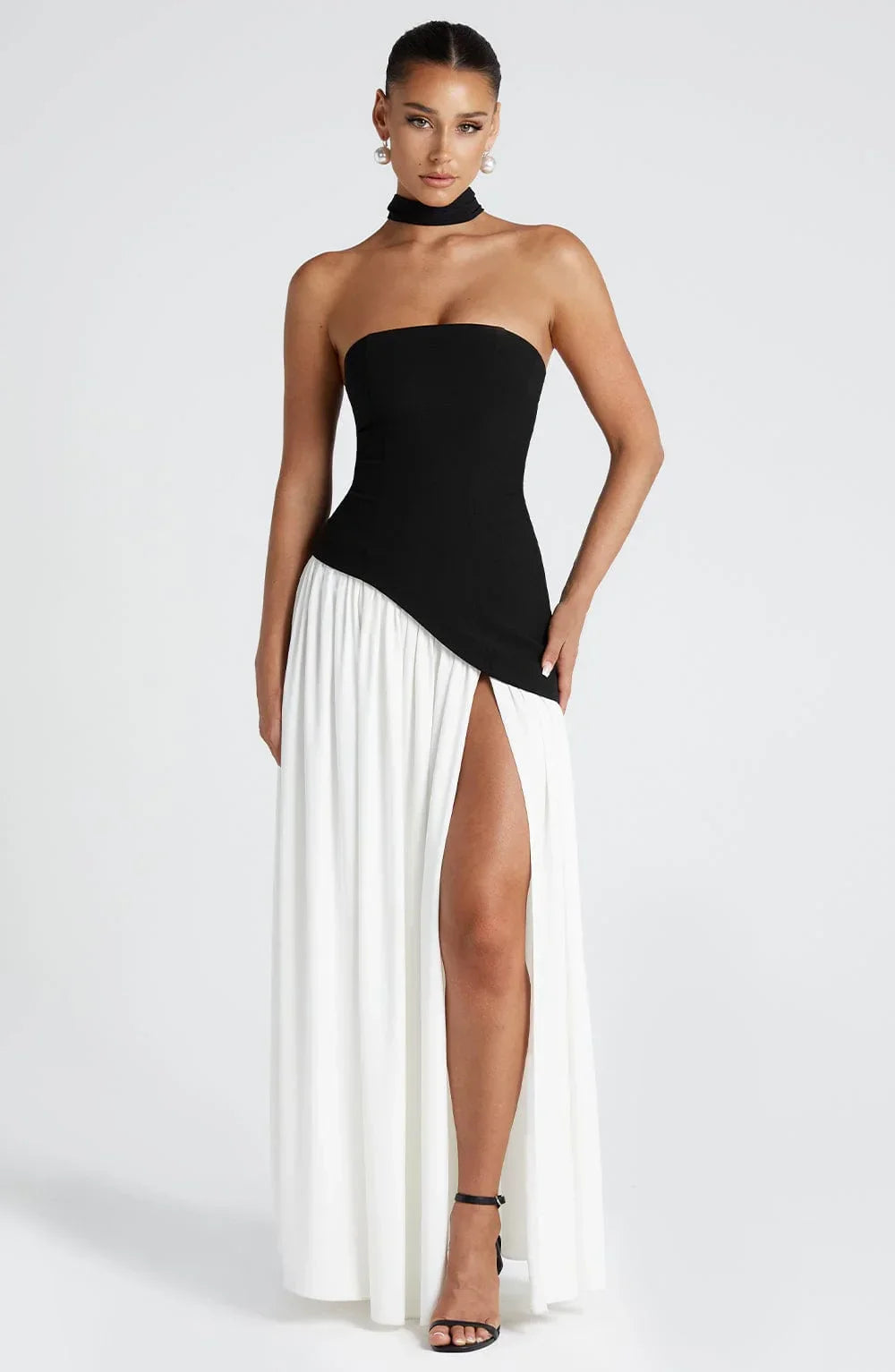 Women's Strapless Corset Bodice Scarf Neck High Slit Maxi Gown